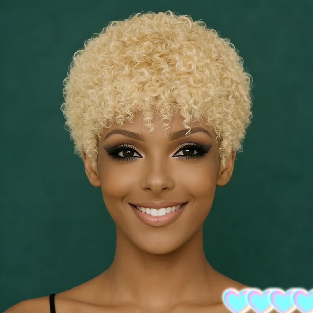 10.16cm-Women's 27# Blonde Color Cosplay Wig for Halloween Short Pixie Cut Wig 200% Density Curly Wave Human Hair Wigs with Bangs Easy to Wear Hairpiece for Daily Party & Cosplay & Christmas & Black Friday - Image 19