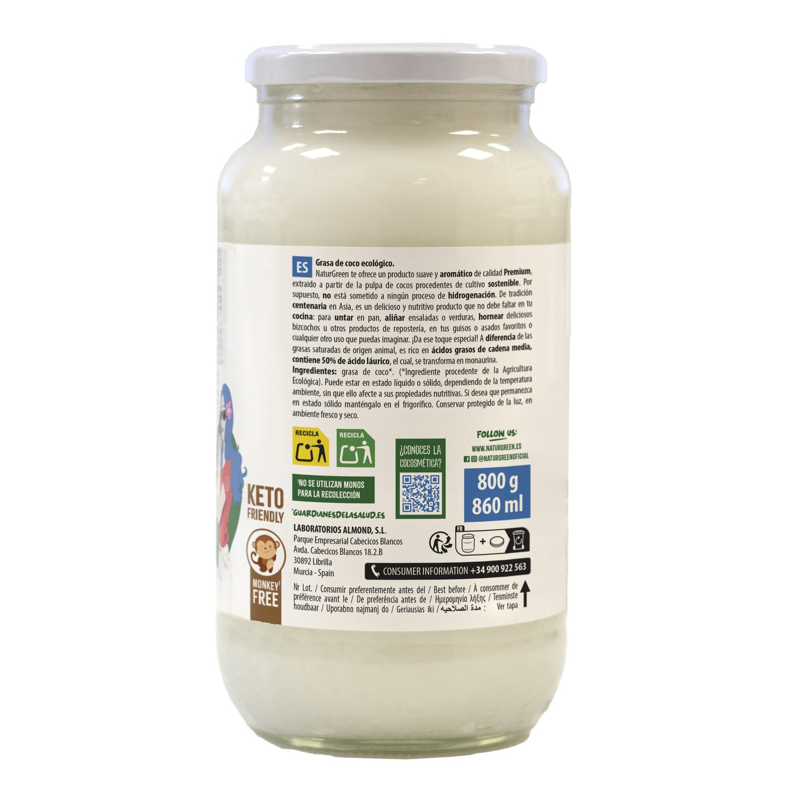 Coconut Fat 800g - Ideal for Cooking - Hydrates Skin and Hair - Natural Ingredients - Vegan Friendly - NaturGreen - Image 3