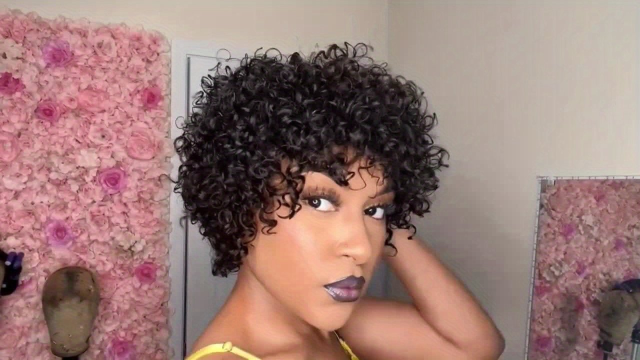180% Pixie Cut Short Afro Curly Bob Human Hair Wigs 15.24 cm/105G with Bangs for Women Brazilian Virgin Remy Hair Natural Black Color Kinky Curly Wigs No Lace Front Natural Brazilian Real Hair - Image 37