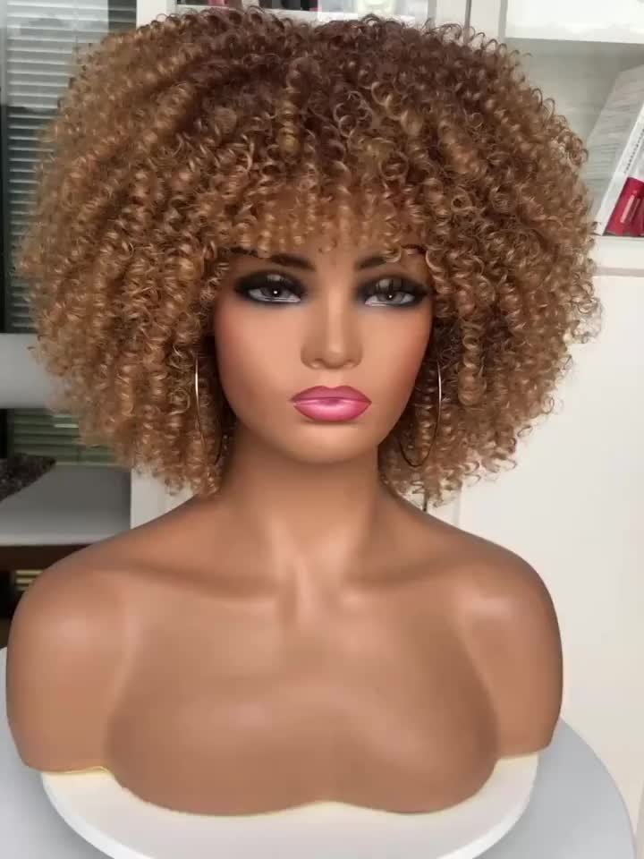 25.4cm Short Curly Afro Wigs for Bomb Afro Kinky Curly Wig with Bangs Synthetic Fiber Full Wig - Image 18