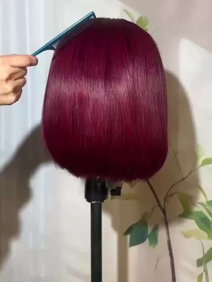 Glueless Short Bob Straight Human Hair Wigs with Bangs, Burgundy Non Lace Front Wig for Women, Brazilian Hair Wear And Go Wig 99J Color - Image 20