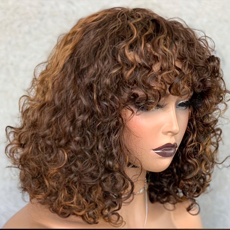 Glueless Brazilian Remy Human Hair Wig – Highlight Color Short Curly Bob with Bangs, Wear-to-Go Wig Suitable for Women & Men, Density Curly Hair for Daily Use & Special Events (No Glue Required)