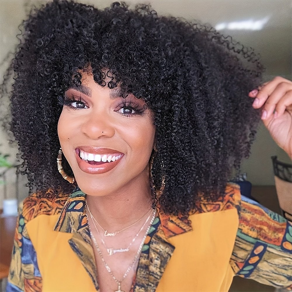 Women’S Afro Kinky Curly Wig with Bangs – Density Full Machine-Made Scalp Top, Natural Black Brazilian Human Hair Wig for, Everyday & Special Events – Voluminous Curly Hairstyle, Short Hair Wigs, Event Hairpiece, Naturallooking Hairpiece, Protective Style, Beauty Accessory
