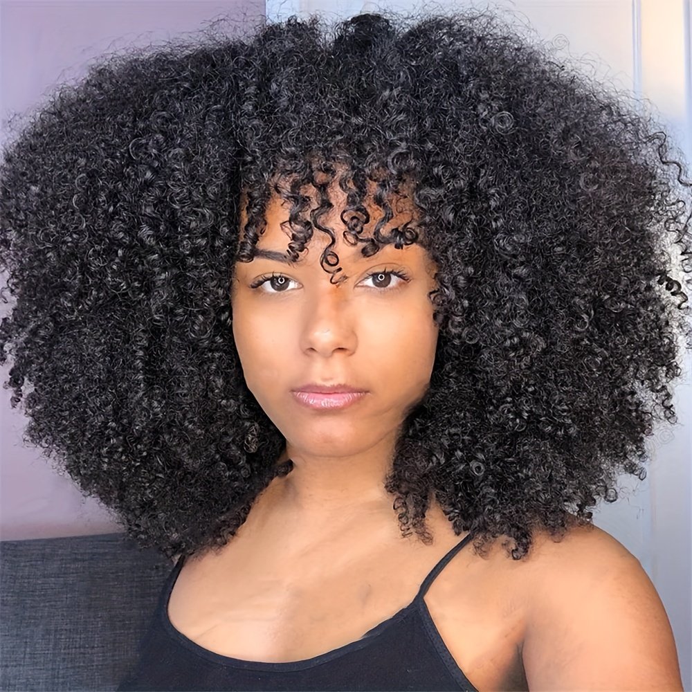 Women'S Afro Kinky Curly Wig with Bangs - Density Full Machine-Made Scalp Top, Natural Black Brazilian Human Hair Wig for, Everyday & Special Events - Voluminous Curly Hairstyle, Short Hair Wigs, Event Hairpiece, Naturallooking Hairpiece, Protective Style, Beauty Accessory - Image 22