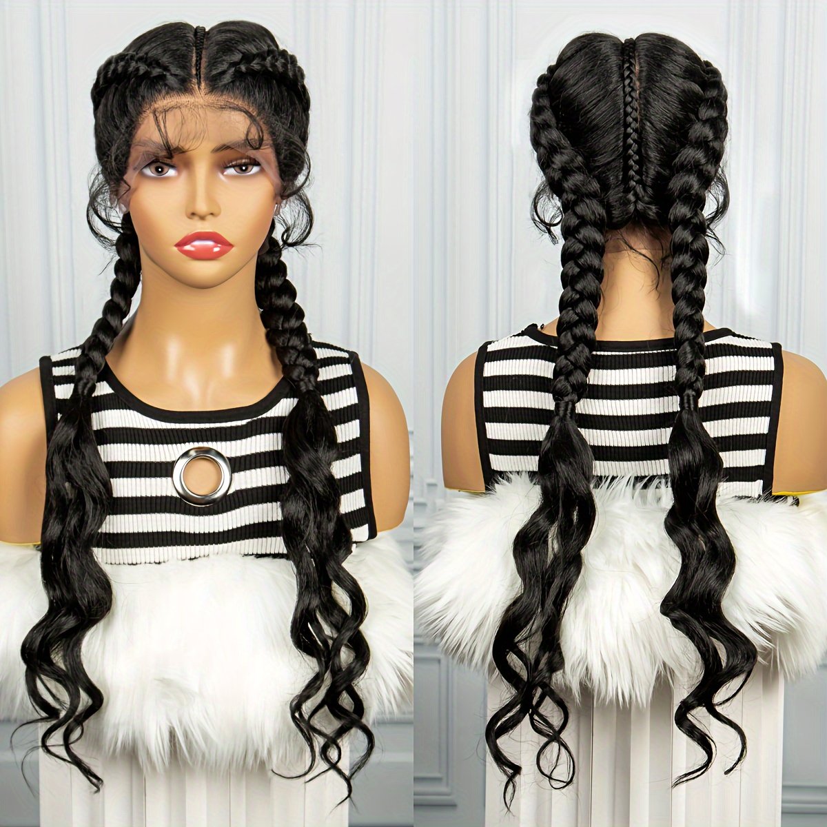 3-Strand Braided Wig Cap with 13x1 Lace Front Braid, 180% Density Long Hand-Woven 3-Strand Braided Wig with Small Curls at the Ends for a Simple and Stylish Look - Image 13