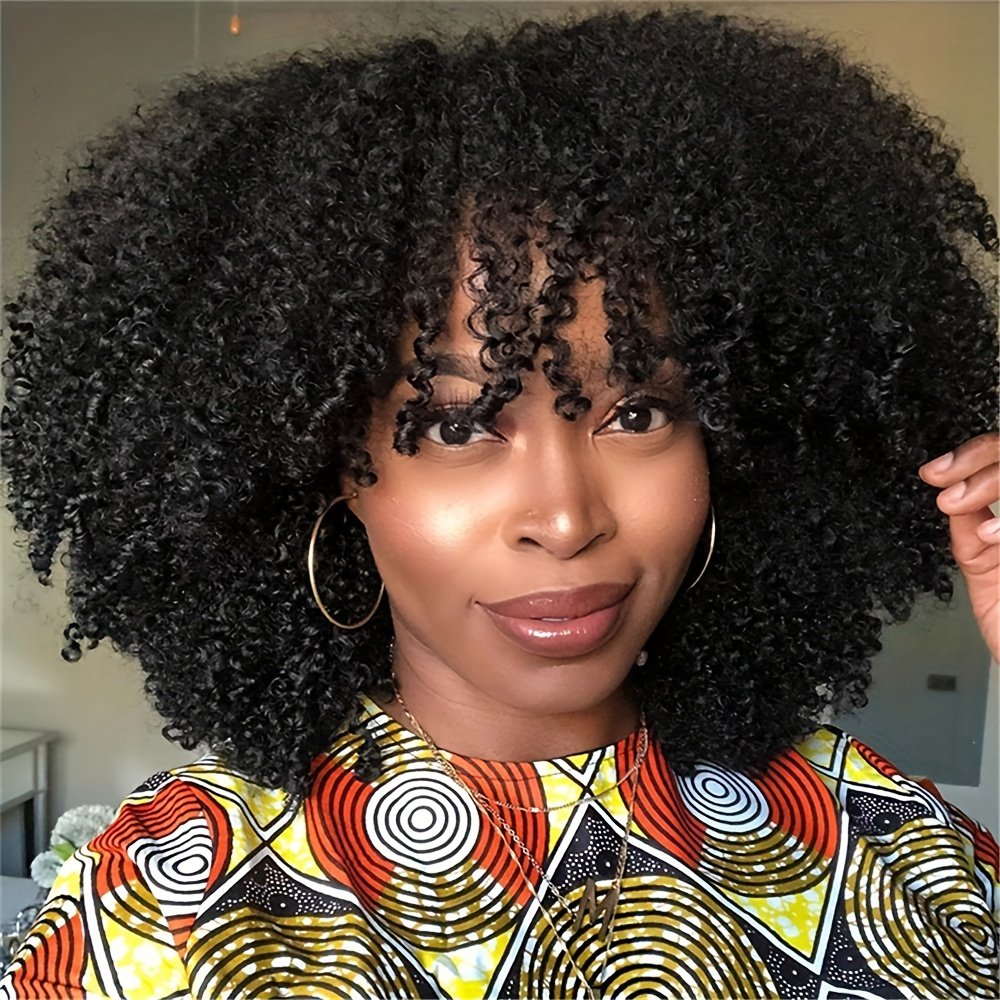 Women'S Afro Kinky Curly Wig with Bangs - Density Full Machine-Made Scalp Top, Natural Black Brazilian Human Hair Wig for, Everyday & Special Events - Voluminous Curly Hairstyle, Short Hair Wigs, Event Hairpiece, Naturallooking Hairpiece, Protective Style, Beauty Accessory - Image 4