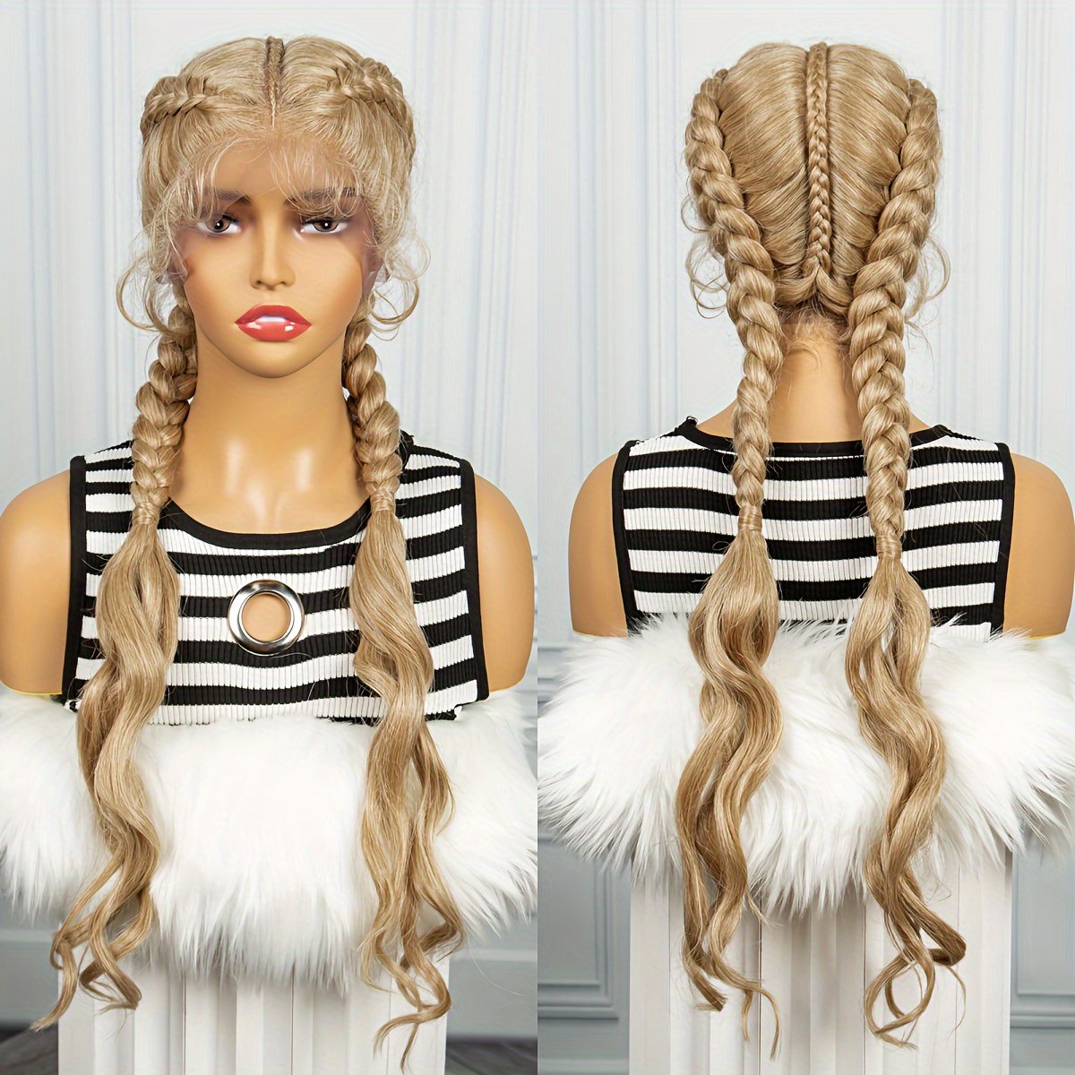 3-Strand Braided Wig Cap with 13x1 Lace Front Braid, 180% Density Long Hand-Woven 3-Strand Braided Wig with Small Curls at the Ends for a Simple and Stylish Look - Image 15
