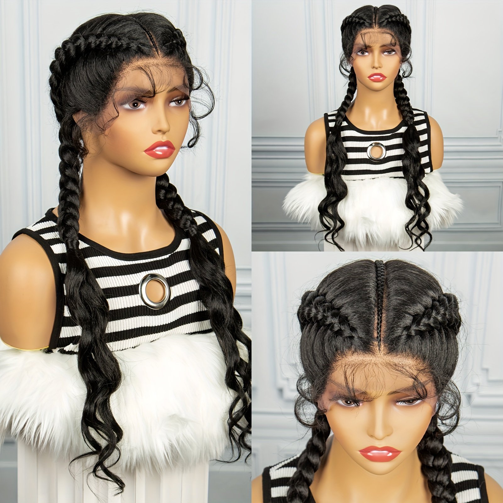 3-Strand Braided Wig Cap with 13x1 Lace Front Braid, 180% Density Long Hand-Woven 3-Strand Braided Wig with Small Curls at the Ends for a Simple and Stylish Look - Image 10