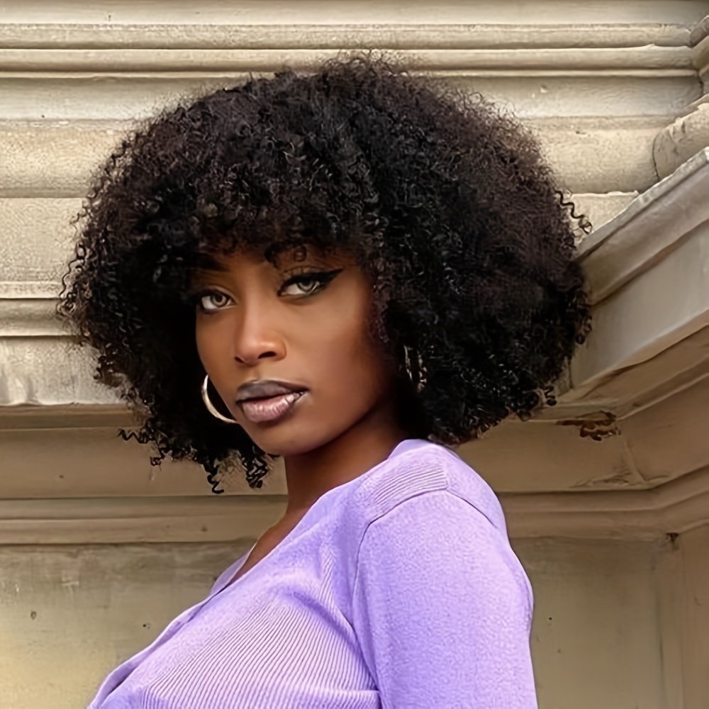 Women'S Afro Kinky Curly Wig with Bangs - Density Full Machine-Made Scalp Top, Natural Black Brazilian Human Hair Wig for, Everyday & Special Events - Voluminous Curly Hairstyle, Short Hair Wigs, Event Hairpiece, Naturallooking Hairpiece, Protective Style, Beauty Accessory - Image 24