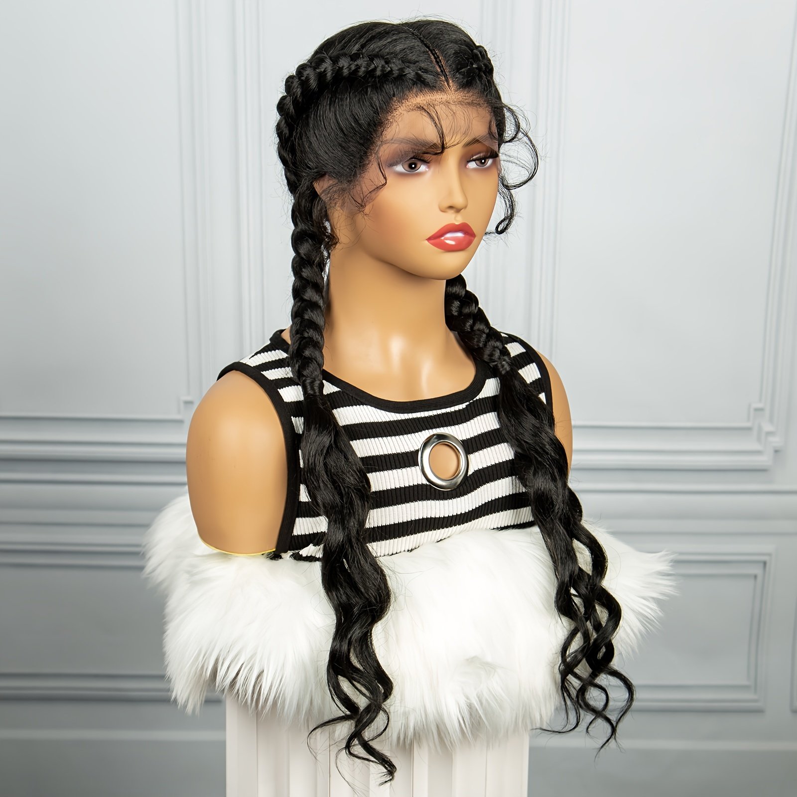 3-Strand Braided Wig Cap with 13x1 Lace Front Braid, 180% Density Long Hand-Woven 3-Strand Braided Wig with Small Curls at the Ends for a Simple and Stylish Look - Image 6