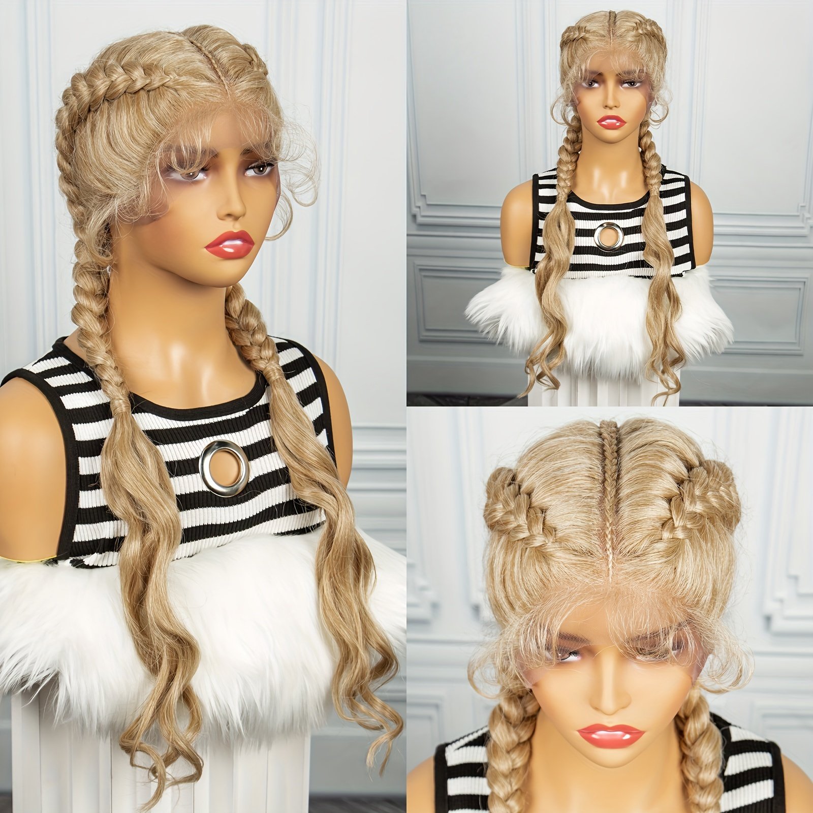 3-Strand Braided Wig Cap with 13x1 Lace Front Braid, 180% Density Long Hand-Woven 3-Strand Braided Wig with Small Curls at the Ends for a Simple and Stylish Look - Image 11
