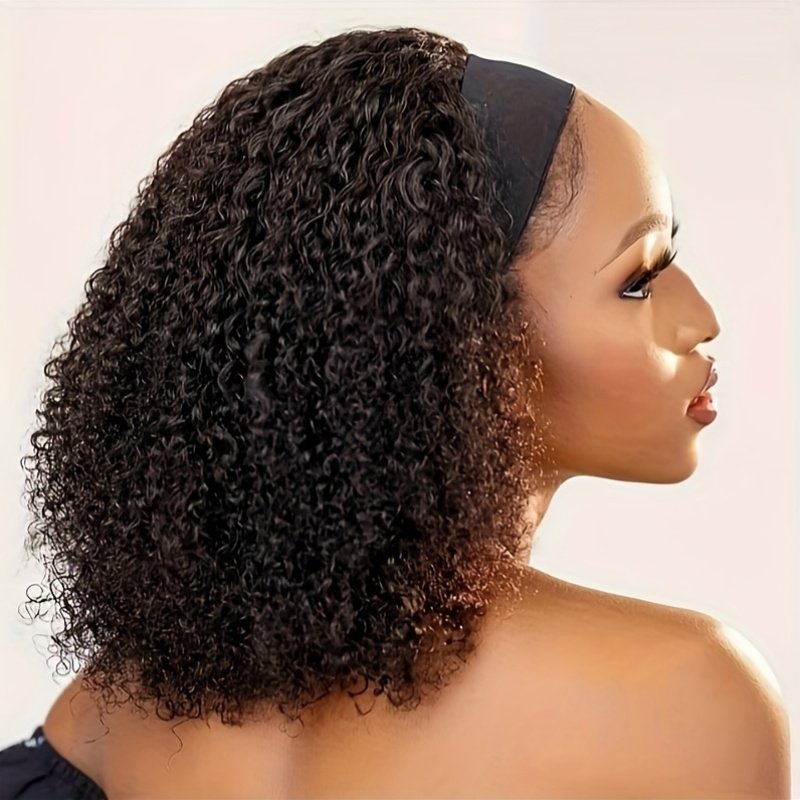 180% Density Human Hair Wig Short Headband Bob Wig Natural Black Short Curly Bob Cut Wear And Go Glueless Kinky Curly Headband Wig Full Machine Jerry Curl Wig