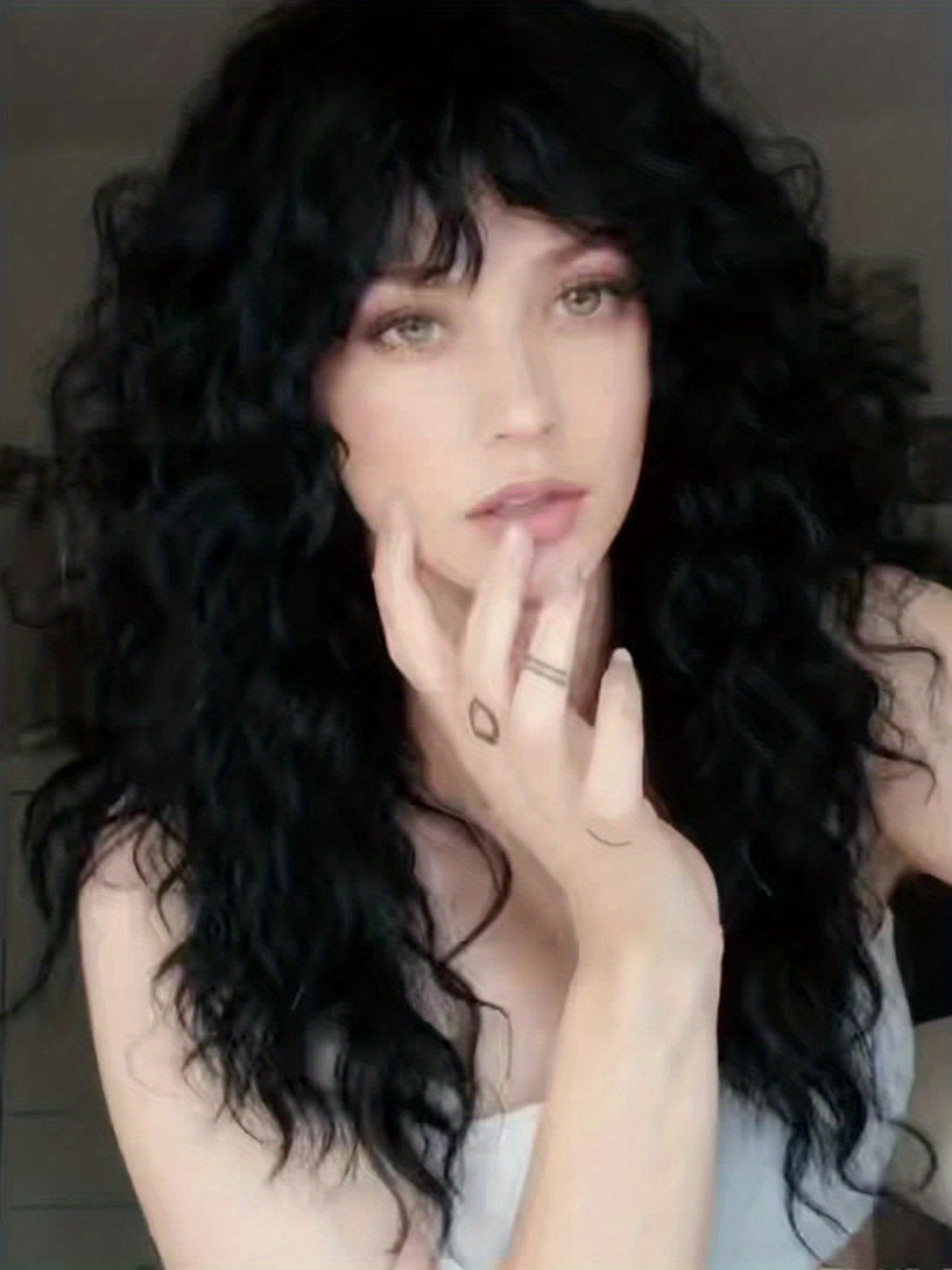 One Black Wig with Bangs, Natural Fluffy Medium-Long Curly High-Quality Synthetic Wig, Suitable for Daily Parties and Christmas Dress-Up - Perfect New Year Gift 1B Black - Image 30