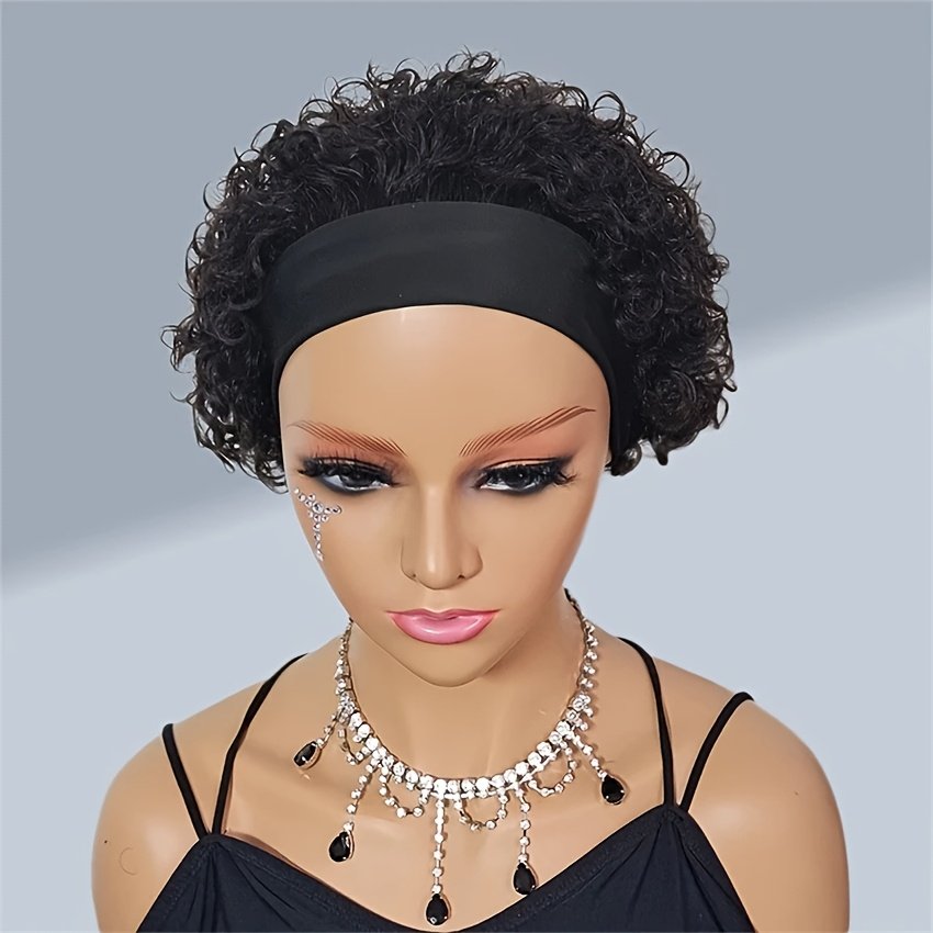 150% Density Human Hair Wig Short Headband Bob Wig Natural Black Short Curly Bob Cut Glueless Headband Wig Full Machine Curl Wig - Image 17