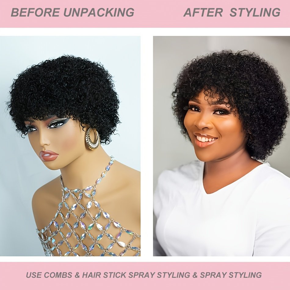 Women'S Afro Kinky Curly Human Hair Wig Short Curly Wave Human Hair Wig with Bangs Full Machine Made 200% Density Basic Style Suitable for Daily Wear - Image 31