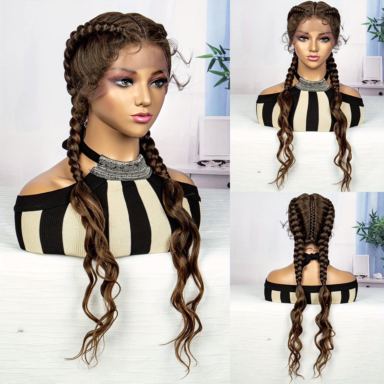 3-Strand Braided Wig Cap with 13x1 Lace Front Braid, 180% Density Long Hand-Woven 3-Strand Braided Wig with Small Curls at the Ends for a Simple and Stylish Look - Image 16