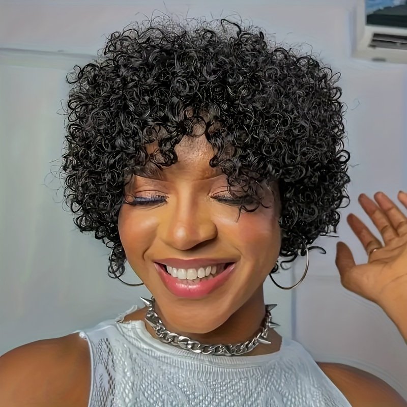 180% Pixie Cut Short Afro Curly Bob Human Hair Wigs 15.24 cm/105G with Bangs for Women Brazilian Virgin Remy Hair Natural Black Color Kinky Curly Wigs No Lace Front Natural Brazilian Real Hair - Image 9