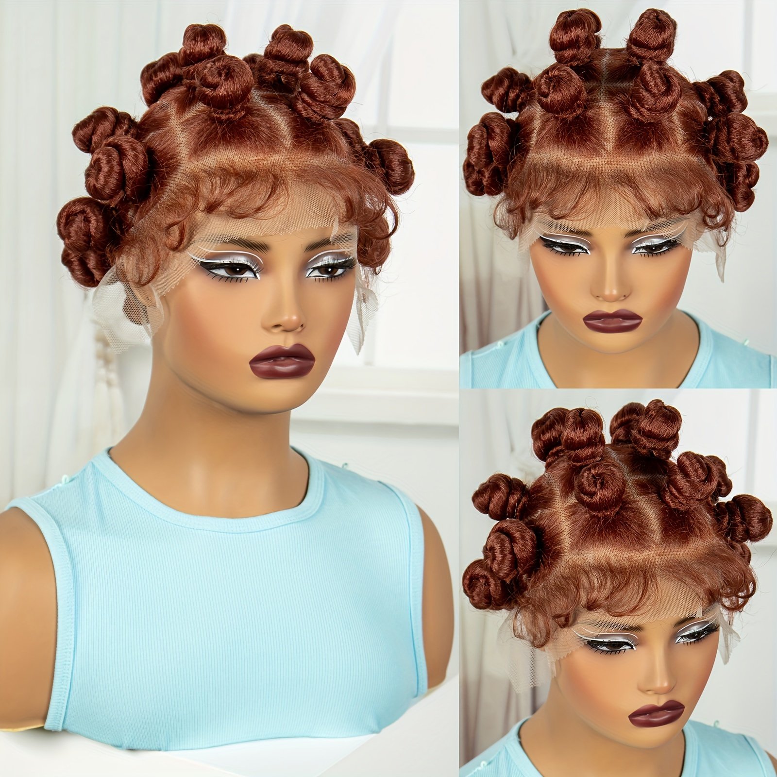 MISHELL Elegant Bantu Knots Braided Wig for Women - Full Lace, 180% Density, Handmade Synthetic Short Wig with Curly Ends, Versatile & Comfortable, Suitable for All Skin Tones, Festive Party Wig|Voluminous Hairpiece|Synthetic Fiber Wig, Wig Accessories - Image 8