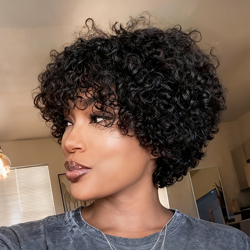 Women’s Real Brazilian Hair Wig with Bangs | Natural Look Curly Pixie Cut, 180% Density, Easy to Style & Maintain, Suitable for Everyday & Special Occasions, Versatile Short Hair Wig for Women.