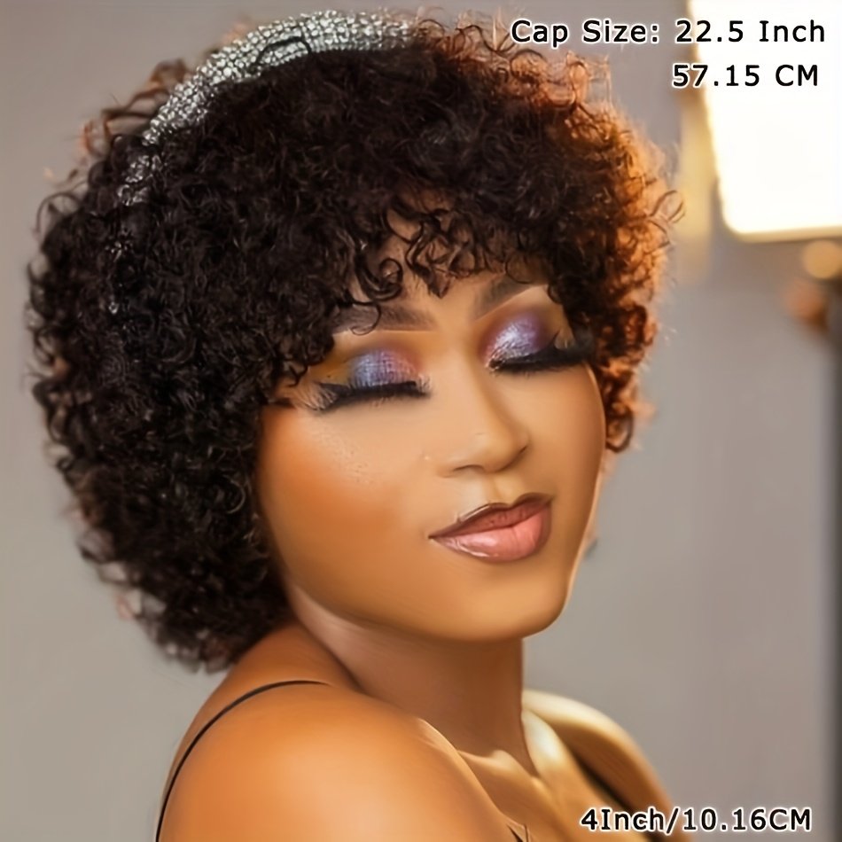 Women'S Afro Kinky Curly Human Hair Wig Short Curly Wave Human Hair Wig with Bangs Full Machine Made 200% Density Basic Style Suitable for Daily Wear - Image 9