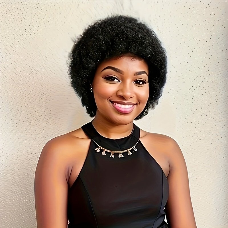 Short Afro Curly Remy Hair Wig with Bangs, Basic Afro Curly Pixie Cut Basic Style, 150% Density Human Hair, Full Machine-Made, Non-Lace Easy to Wear - Image 23