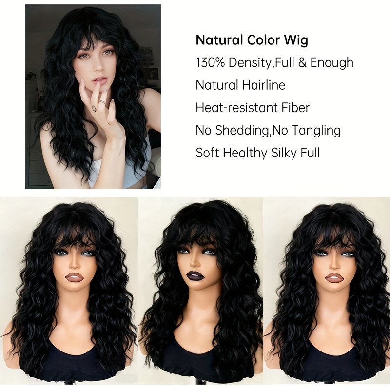 One Black Wig with Bangs, Natural Fluffy Medium-Long Curly High-Quality Synthetic Wig, Suitable for Daily Parties and Christmas Dress-Up - Perfect New Year Gift 1B Black - Image 13