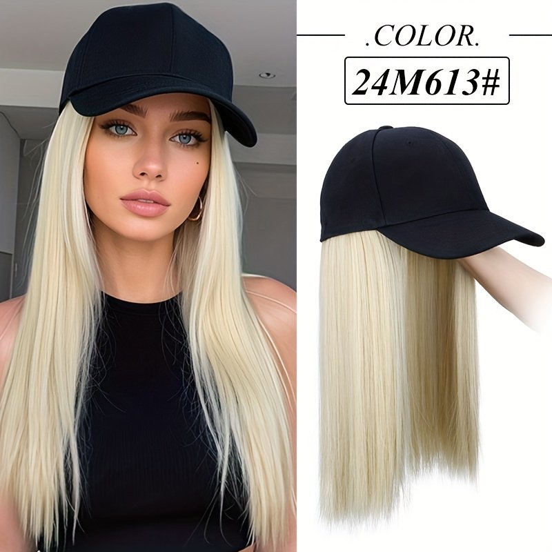 Synthetic Hat Wig with Long Straight Black Hair Baseball Cap Hair Extension Stylish Convenient All-In-One Design for Women - Image 26