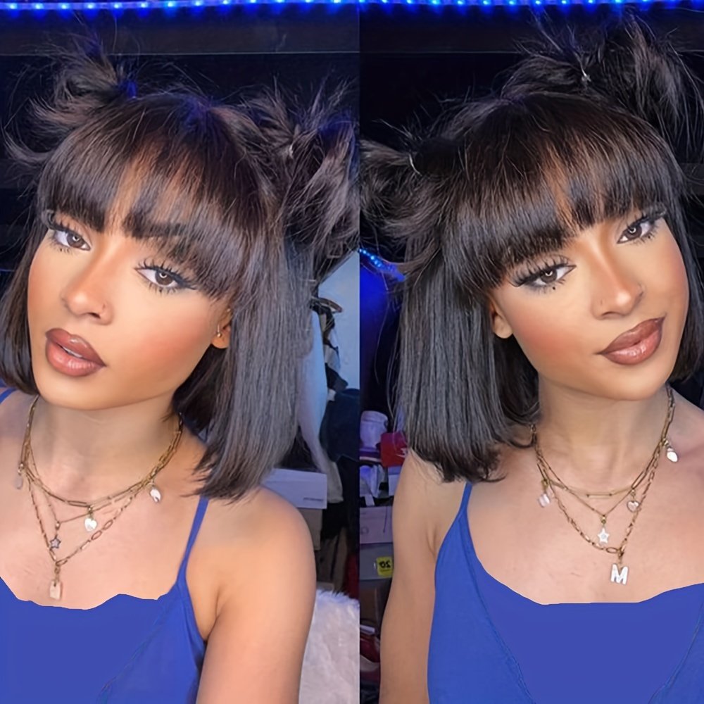 Straight Short Bob Wig with Bangs Human Hair 150% Density Glueless Straight Bob Wig Human Hair with Bangs Bob Wigs for Women No Lace Front Wigs Full Machine Made Straight Bob Wig - Image 17