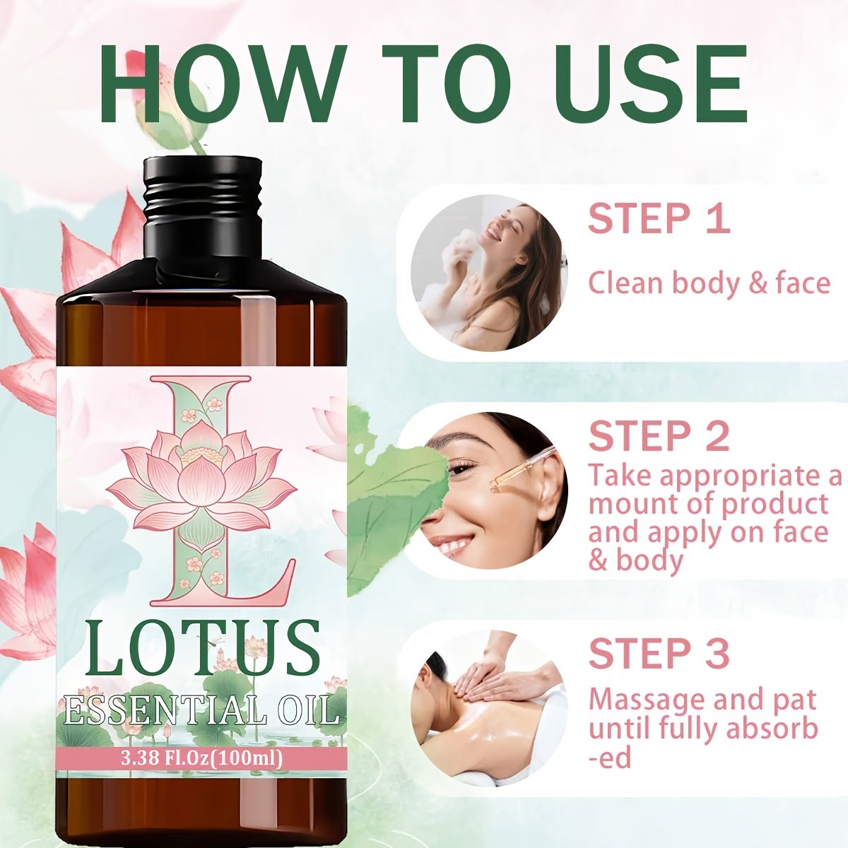 for Lotus Essential Oil --100% Pure, High-quality, Floral Fragrance --Hydrating, Moisturizing, Nourishing the Skin --Used for Skin, Hair, Face, Body Care --Suitable for Meditation, Bathing --100ml, Multi-purpose, for Lotus Body Massage Essential Oil - Image 3