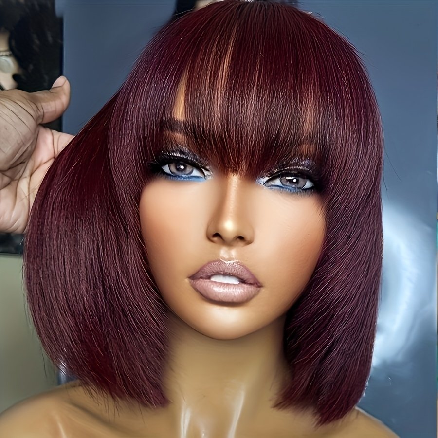 Glueless Short Bob Straight Human Hair Wigs with Bangs, Burgundy Non Lace Front Wig for Women, Brazilian Hair Wear And Go Wig 99J Color - Image 5