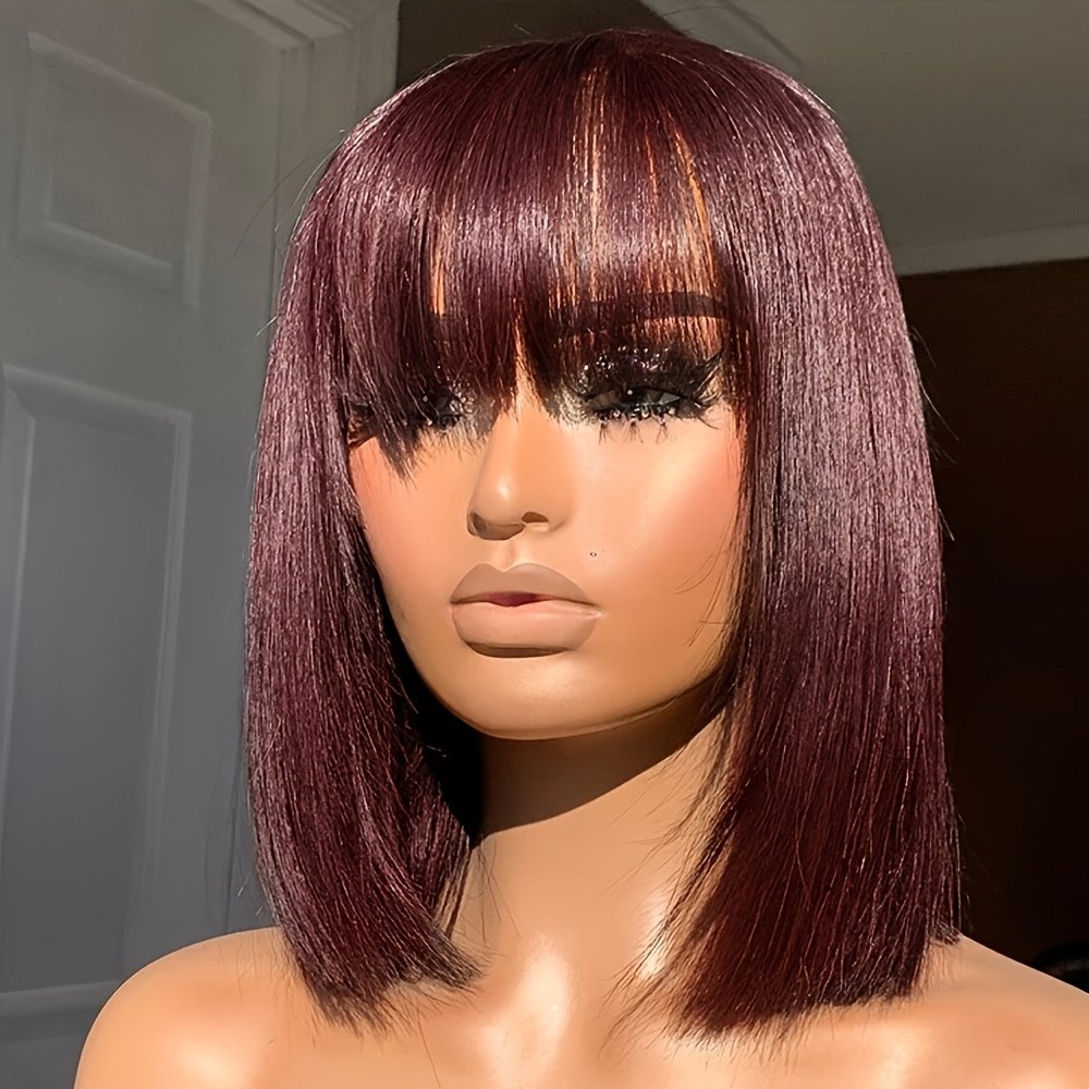 Glueless Short Bob Straight Human Hair Wigs with Bangs, Burgundy Non Lace Front Wig for Women, Brazilian Hair Wear And Go Wig 99J Color - Image 11