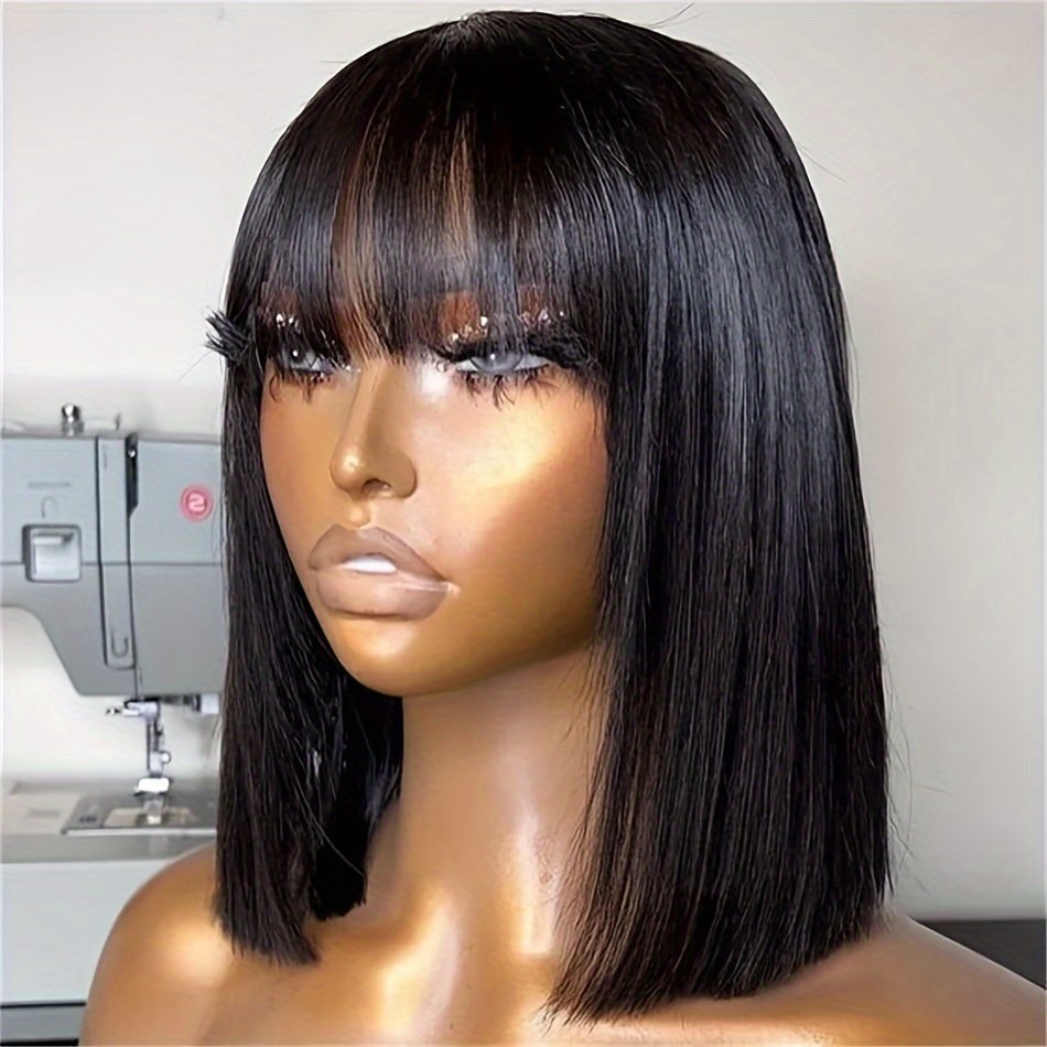 Brazilian Human Hair Short Bob Wig for Women, Featuring Bangs And Straight Style, a Glueless Full Machine-Made Wig with 150% Density