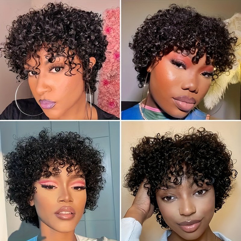 180% Pixie Cut Short Afro Curly Bob Human Hair Wigs 15.24 cm/105G with Bangs for Women Brazilian Virgin Remy Hair Natural Black Color Kinky Curly Wigs No Lace Front Natural Brazilian Real Hair - Image 33