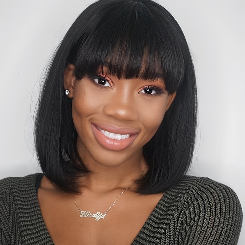 Straight Short Bob Wig with Bangs Human Hair 150% Density Glueless Straight Bob Wig Human Hair with Bangs Bob Wigs for Women No Lace Front Wigs Full Machine Made Straight Bob Wig