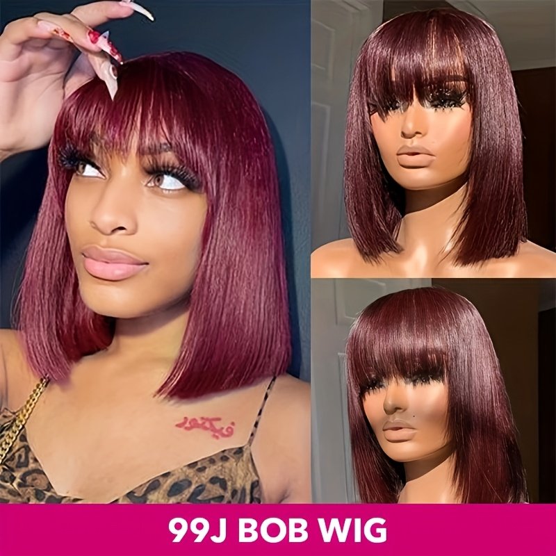 Glueless Short Bob Straight Human Hair Wigs with Bangs, Burgundy Non Lace Front Wig for Women, Brazilian Hair Wear And Go Wig 99J Color - Image 15