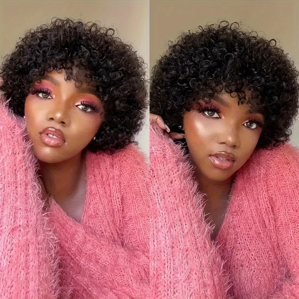 180% Pixie Cut Short Afro Curly Bob Human Hair Wigs 15.24 cm/105G with Bangs for Women Brazilian Virgin Remy Hair Natural Black Color Kinky Curly Wigs No Lace Front Natural Brazilian Real Hair - Image 34