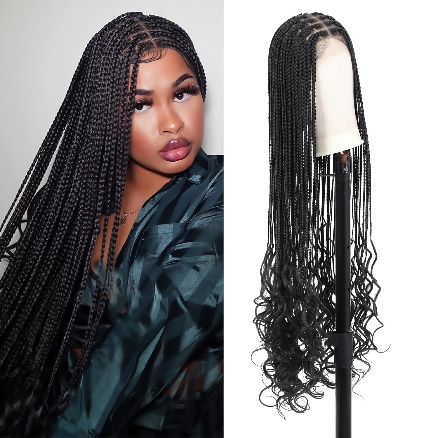 36-Inch HD Full Double Lace Knotless Braided Wigs for Women, Box Braid Wig, Synthetic Hair Braided Lace Front Wigs with Curly Ends, for Ladies, Suitable for Holidays, Cosplay, and Daily Use