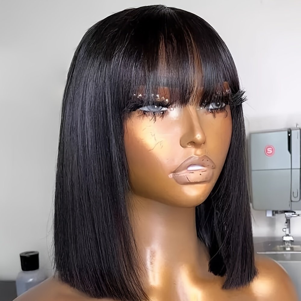 Straight Short Bob Wig with Bangs Human Hair 150% Density Glueless Straight Bob Wig Human Hair with Bangs Bob Wigs for Women No Lace Front Wigs Full Machine Made Straight Bob Wig - Image 8