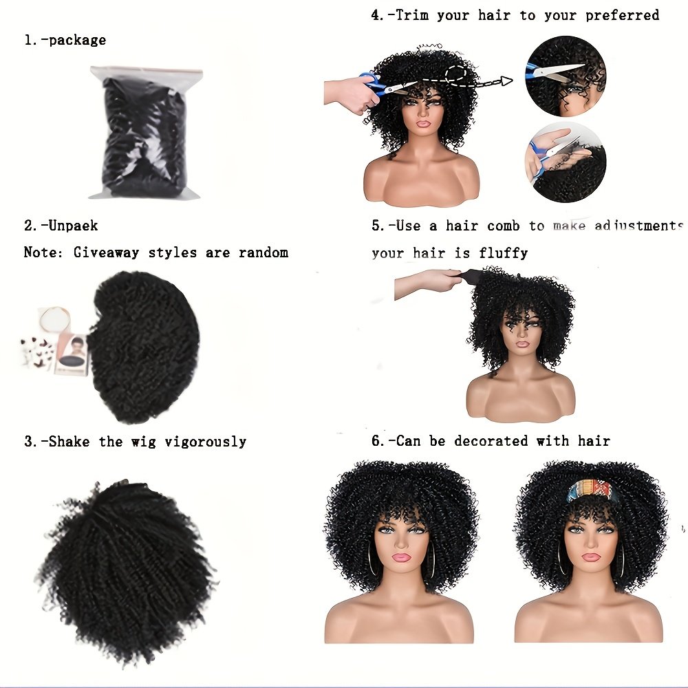25.4cm Short Curly Afro Wigs for Bomb Afro Kinky Curly Wig with Bangs Synthetic Fiber Full Wig - Image 14