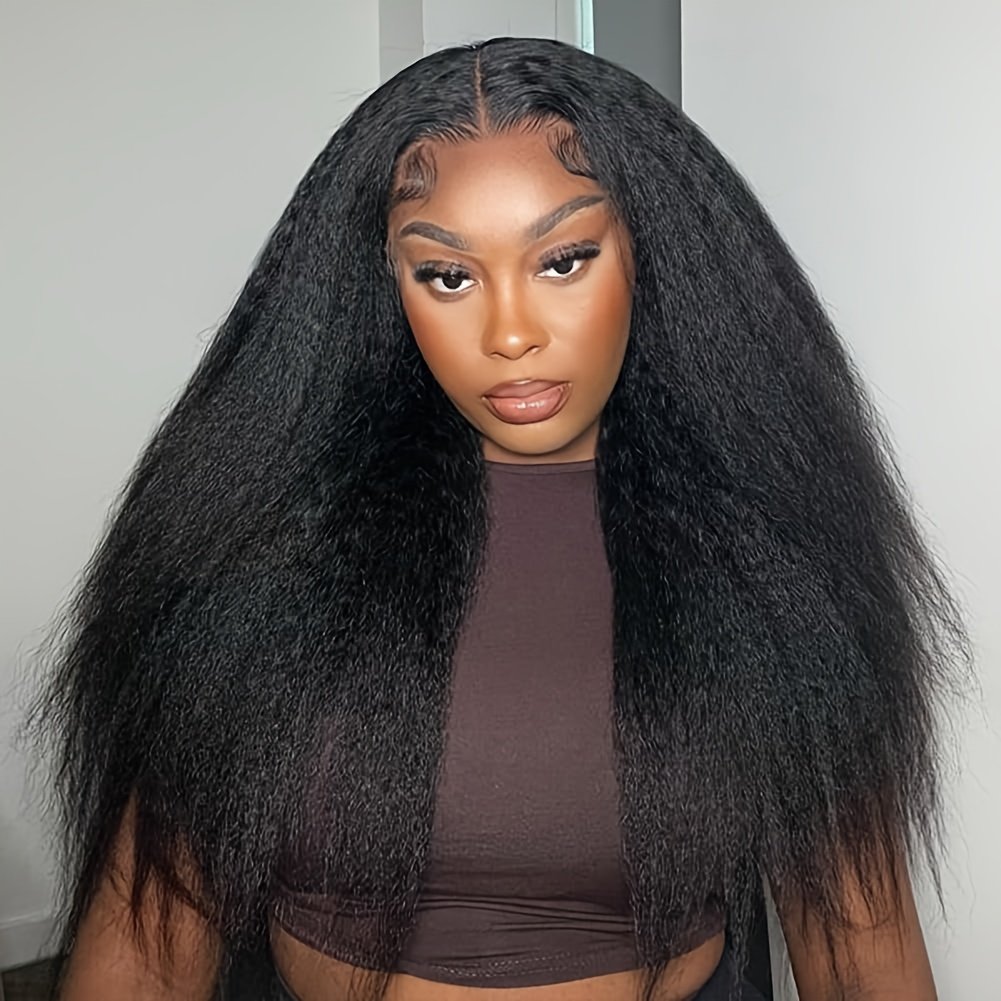 Wear & Go Glueless Wigs Yaki Kinky Straight Human Hair Pre Plucked Pre Cut 4x4 Lace Closure Wigs 180% Density Kinky Straight Glueless Wigs Human Hair for Women Natural Black - Image 5