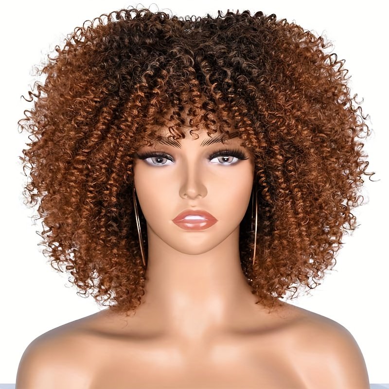 25.4cm Short Curly Afro Wigs for Bomb Afro Kinky Curly Wig with Bangs Synthetic Fiber Full Wig - Image 7