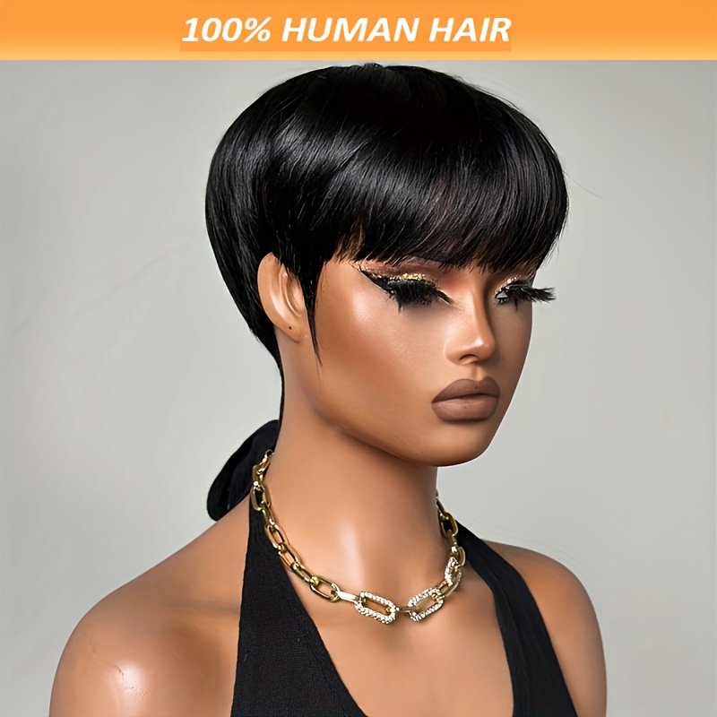 6-Inch Short Straight Human Hair Wig with Bangs 150% Density, Brazilian Remy Hair, Full Machine-Made Without Glueless, Suitable for Any Occasion & Party - Image 2
