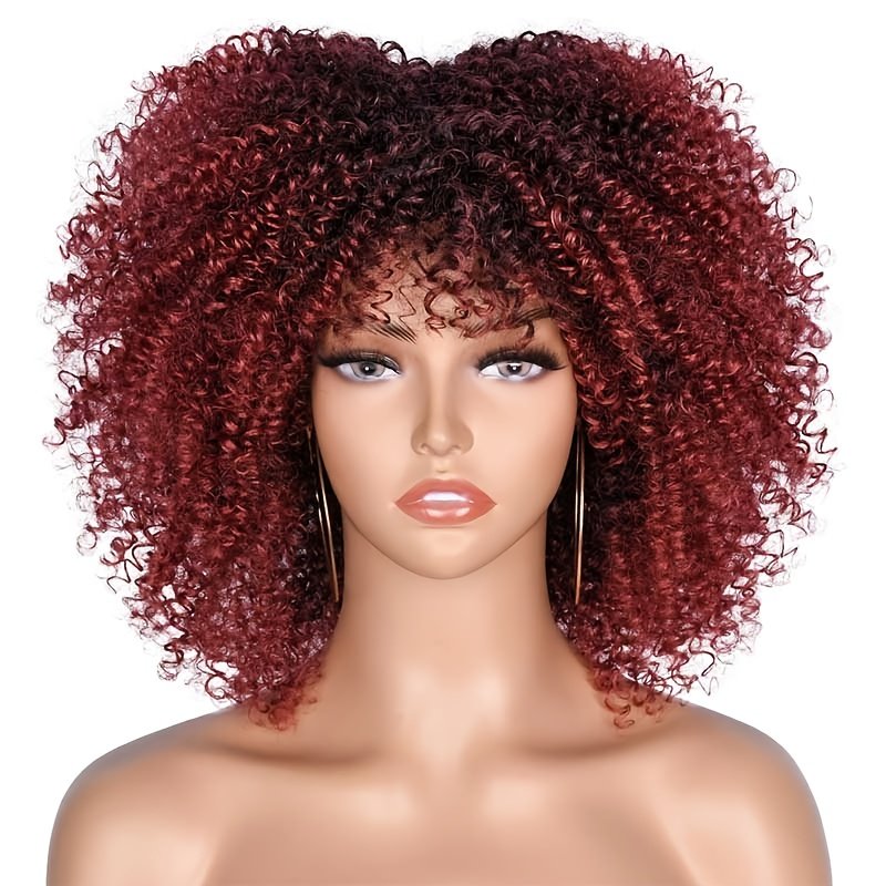 25.4cm Short Curly Afro Wigs for Bomb Afro Kinky Curly Wig with Bangs Synthetic Fiber Full Wig - Image 4