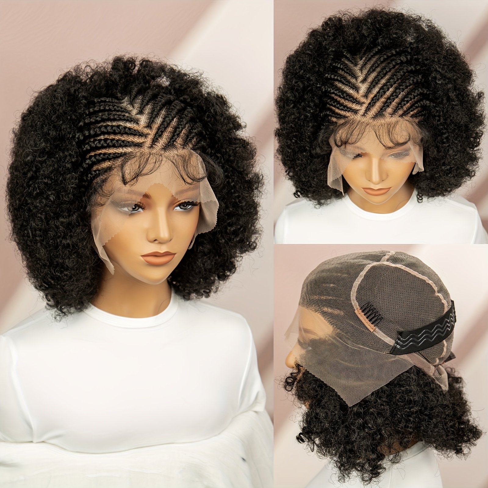 Full lace pure hand-woven front braid afro short black braid wig head cover daily wear breathable comfortable and fashionable