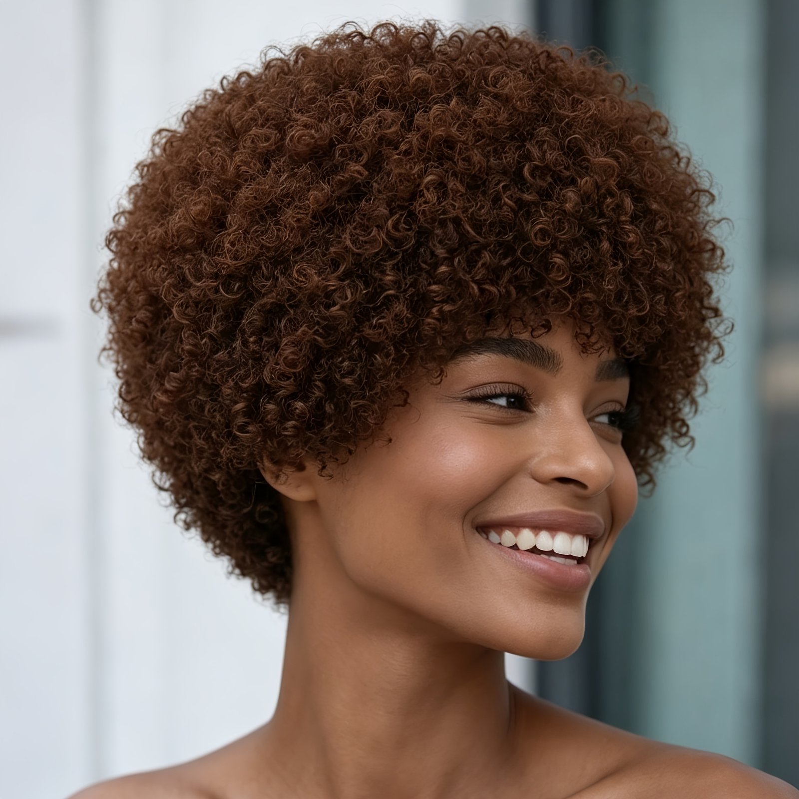 Brazilian Remy Human Hair Wig Suitable for Women – 200% Density Short Afro Kinky Curly with Bangs, Elastic, Natural Brown Color, Breathable & Lightweight Wig for Daily Wear, Parties, Festivals, Instant Volume (No Maintenance)