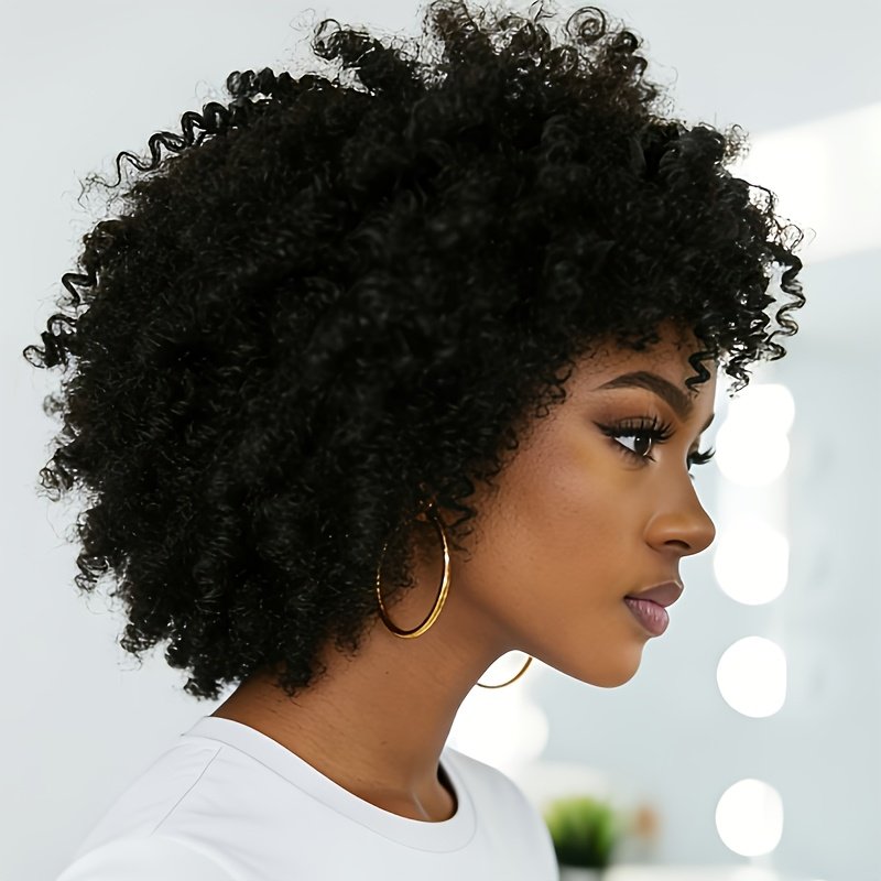 6-Inch Short Afro Kinky Curly Wig with 200% Density, Made from Brazilian Remy Human Hair, Designed for Women. This Machine-Made Wig in Color 1B Is Suitable for Everyone