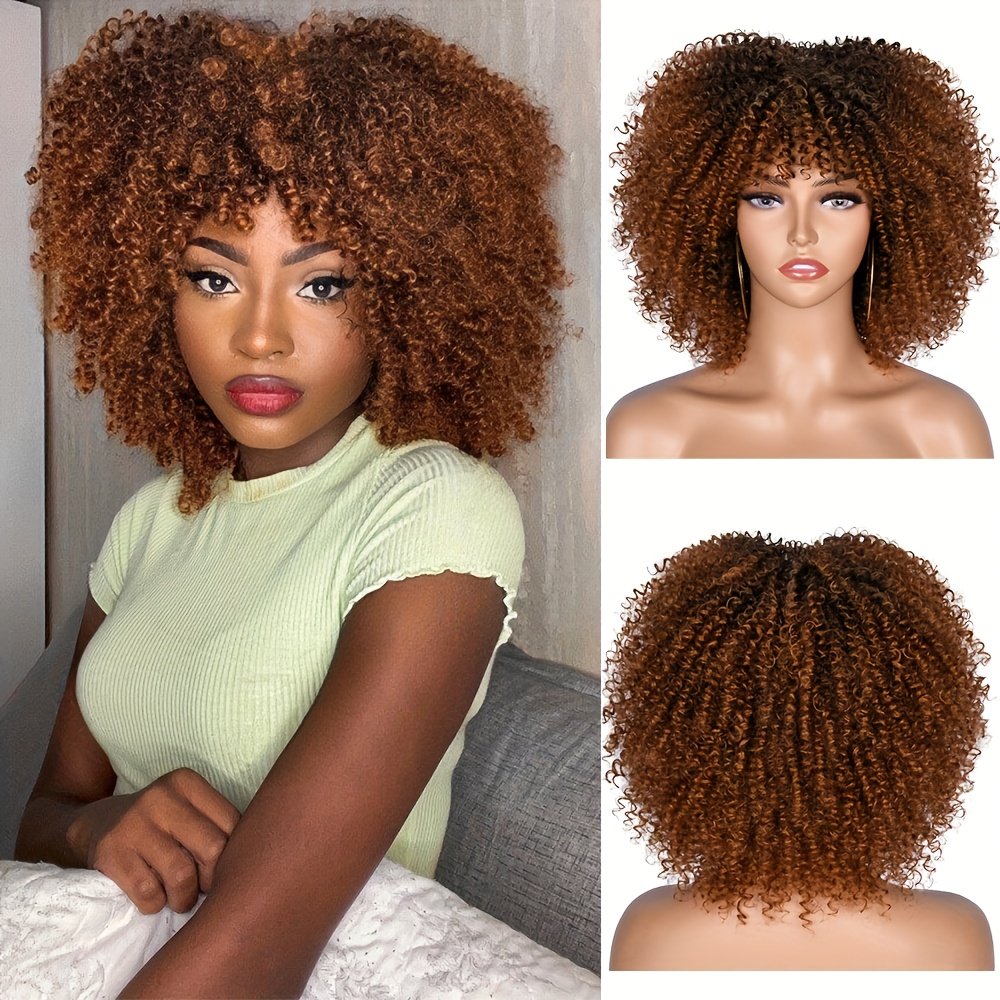 25.4cm Short Curly Afro Wigs for Bomb Afro Kinky Curly Wig with Bangs Synthetic Fiber Full Wig