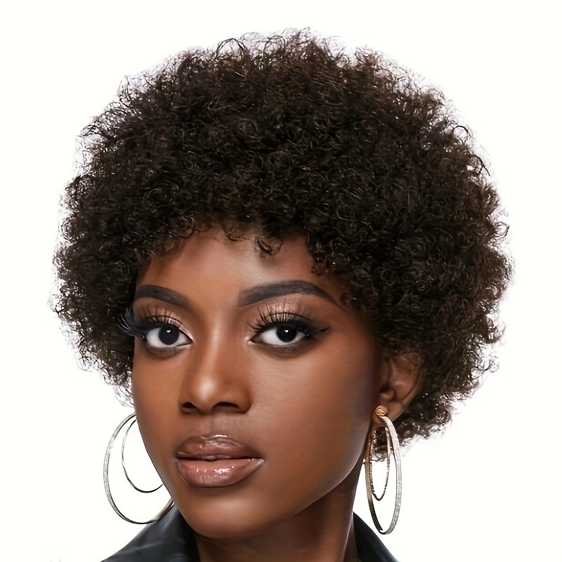 Short Afro Curly Remy Hair Wig with Bangs, Basic Afro Curly Pixie Cut Basic Style, 150% Density Human Hair, Full Machine-Made, Non-Lace Easy to Wear - Image 16
