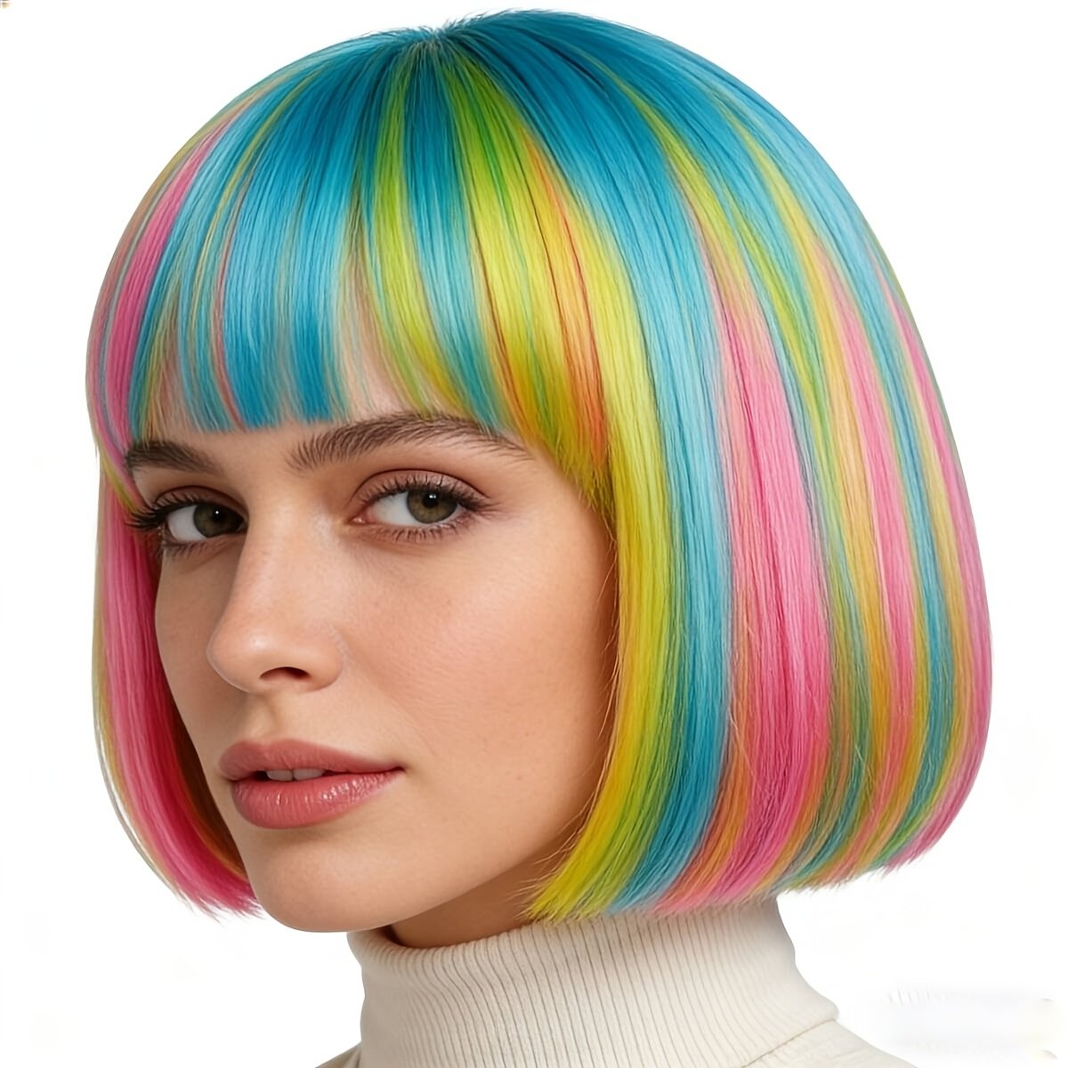 This Vibrant Bob Wig with Rainbow Colors Is Ideal for Graduation Celebrations, Photos, Themed Events, Parties, And Nightlife. Its Top Is Designed to Be Both Thin And Thick
