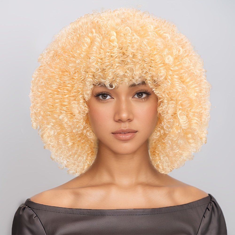 Short Afro Curly Wigs for Women Wavy Curly Wig Synthetic Heat Resistant Curly Afro Wig with Bangs Big Stretch Fluffy Curly Afro Wig 30.48 cm High-Density Soccer Fan Wig, Elastic Cap for Easter Rave Anime Music Festival Cosplay - Image 40